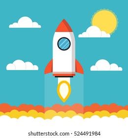 Startup concept. Rocket flies over the clouds. Project development. Flat vector illustration.