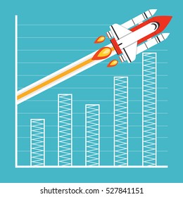 Startup concept. Rocket flies over the business graph or chart. Project development. Flat vector illustration.