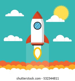 Startup concept. Rocket flies over the clouds. Project development. Flat vector illustration.