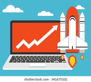 Startup concept. Rocket flies over the clouds. Project development. Flat vector illustration.