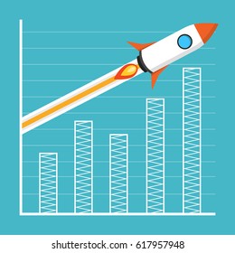 Startup concept. Rocket flies over the business graph or chart. Project development. Flat vector illustration.