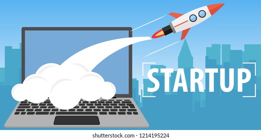 Startup concept. A rocket flying out of a laptop monitor. Business startup. Vector illustration.