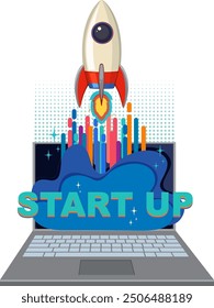 Startkonzept mit Rakete und Laptop