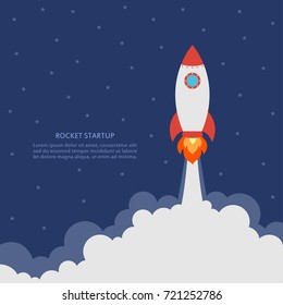 Startup concept with rocket launch. Business banner with spaceship. Development and advanced project. Vector illustration.