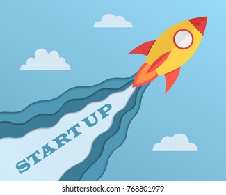 Concepto de inicio con lanzamiento de cohetes. Banner comercial con nave espacial. Ilustración vectorial.