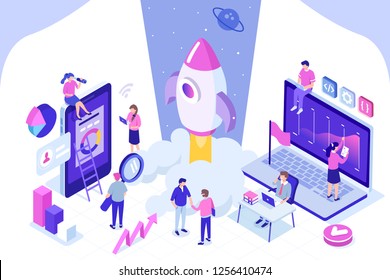 Startup concept with rocket launch. Can use for web banner, infographics, hero images. Flat isometric vector illustration isolated on white background.