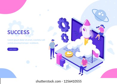 Startup Concept With Rocket Launch. Can Use For Web Banner, Infographics, Hero Images. Flat Isometric Vector Illustration Isolated On White Background.