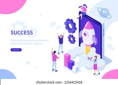 Startup concept with rocket launch. Can use for web banner, infographics, hero images. Flat isometric vector illustration isolated on white background.