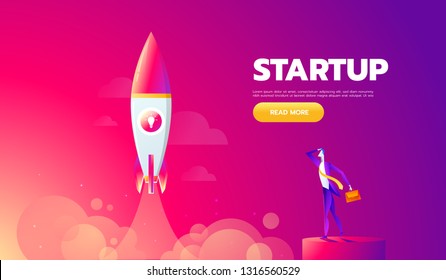Startup Concept. Rocket launch icon - can be used to illustrate cosmic topics or a business startup, launching of a new company. Start up.