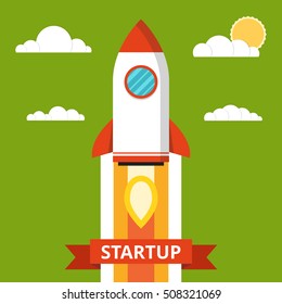 Startup concept. Rocket launch over the word. Project development. Flat vector illustration.