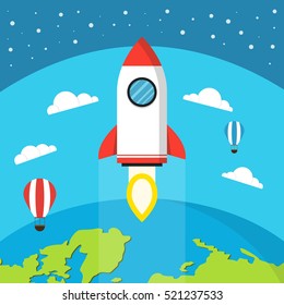 Startup concept. Rocket launch over the earth. Project development. Flat vector illustration.