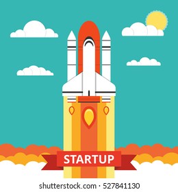 Startup concept. Rocket launch over the word. Project development. Flat vector illustration.