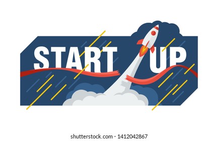 Startup concept - rocket launching into space and  cuts the red ribbon - cartoon spaceship with smoky track and diagonal lines - vector illustration 