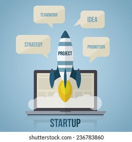 Startup concept with rocket and notebook. Flat style vector illustration.