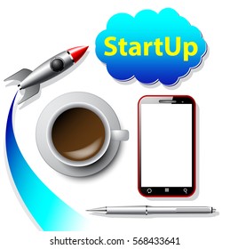Startup concept with rocket ship, blank smartphone, coffee cup, ball pen and cloud