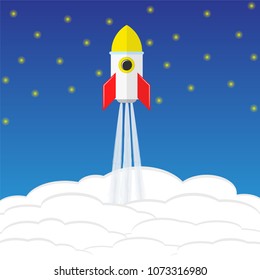 startup concept with rocket, sky and stars, stock vector illustration