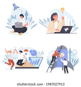 Startup concept scenes set. Men and women launch new business project, successful development strategy, teamwork. Collection of people activities. Vector illustration of characters in flat design