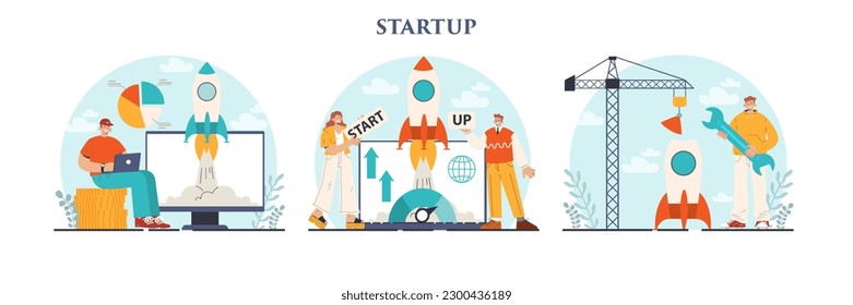 Startup concept set. New business launching. Idea of project planning, promotion, management and marketing. Business development. Flat vector illustration