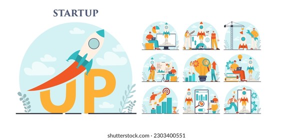 Startup concept set. New business launching. Idea of project planning, promotion, management and marketing. Business development. Flat vector illustration