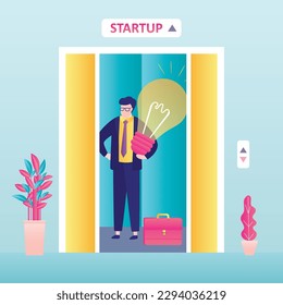 Startup, concept. Smart businessman standing in elevator with glowing light bulb. Idea pitching, brainstorming. New business project. Elevator lifts business man to new stage or level. flat vector