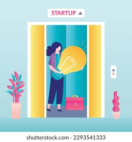 Startup, concept. Smart businesswoman standing in elevator with glowing light bulb. Idea pitching, brainstorming. New business project. Elevator lifts business woman to new stage or level. flat vector