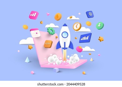 Startup concept, Software and web development with 3d shapes, bar chart, infographic on blue background. 3d Vector Illustration