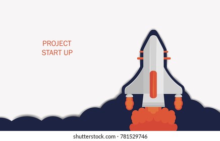 Startup concept with space ship. Business banner with. Development and advanced project. Vector illustration.