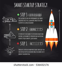 Startup concept with spaceship on blackboard vector illustration