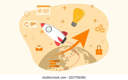 Startup concept. Spaceship in the space with small floating icons and globe