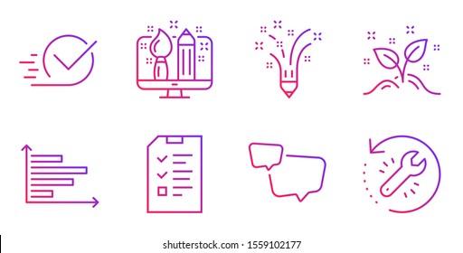 Startup concept, Speech bubble and Checkbox line icons set. Horizontal chart, Creative design and Inspiration signs. Interview, Recovery tool symbols. Launch project, Chat message. Vector