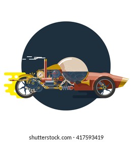 Start-up concept, steam-punk, racing car, concept of new business project startup development and launch a new innovation and bright product.