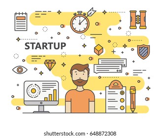 Startup concept vector illustration. Modern thin line flat design elements, icons for web, marketing, presentation and printing.