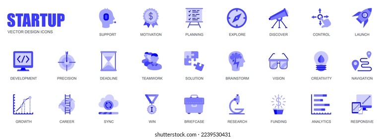 Concepto de inicio de iconos web establecidos en un diseño plano simple. Paquete de apoyo, motivación, planificación, lanzamiento, desarrollo, precisión, fecha límite, trabajo en equipo, ganancia y otros. Pictogramas azul vectorial para aplicación móvil