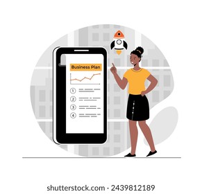 Startup concept. Woman creating new business plan, develops idea, creates new successful project and launches rocket. Illustration with people scene in flat design for website and mobile development.