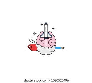 Startup conceptual icon. Brain and rocket launch vector design. Brainstorm illustration