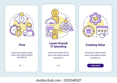 Campos de consultoría de inicio a bordo de la pantalla de aplicación móvil. Crear un tutorial de valores 3 pasos instrucciones gráficas editables con conceptos lineales. UI, UX, plantilla GUI. Multitud de tipos de letra Pro-Bold, con uso regular