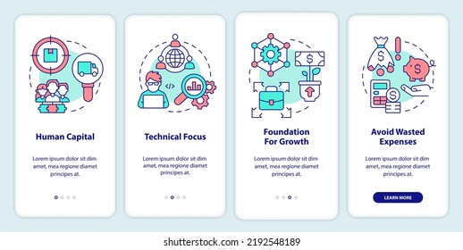 Startup consulting spheres onboarding mobile app screen. Human capital walkthrough 4 steps editable graphic instructions with linear concepts. UI, UX, GUI template. Myriad Pro-Bold, Regular fonts used