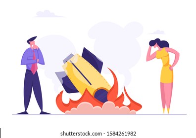 Startup Crash, Business Failure Concept. Businesspeople Stand at Fallen Rocket Trying to Realize Mistake in Business Strategy, Management Failed to Achieve Profit. Cartoon Flat Vector Illustration