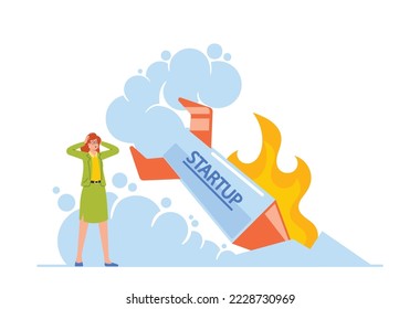 Startup Crash, Business Failure, Management Failed to Achieve Profit Concept. Businesswoman Stand at Fallen Rocket Trying to Realize Mistake in Business Strategy. Cartoon People Vector Illustration