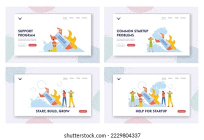 Startup Crash, Business Failure Management Landing Page Template Set. Businesswoman Stand at Fallen Rocket Trying to Realize Mistake in Business Strategy. Cartoon People Vector Illustration