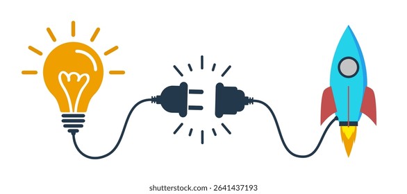 Startup creating, connect lightbulb idea with rocket, creativity, new idea and its realization