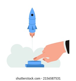 Startup creative abstract horizontal concept with spaceship on white background. Human hand press the button and starts up a new business. Flat Art Vector Illustration