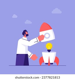 Startup and creative business idea concept, businessman put creative lightbulb idea in to rocket