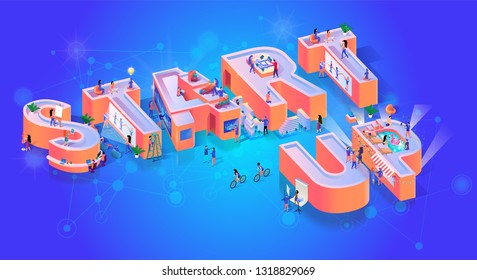 Startup Creative Business Launch Typography Banner. Affiliate Project Marketing Presentation for Innovation Success Plan. Teamwork Management Strategy Motivation Isometric 3d Vector Illustration