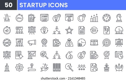 Vektorsymbol für Start- und Kreativwirtschaft. Enthält lineare Rahmensymbole wie Innovation, Rakete, Bulb, Strategie, Ziel, Wachstum, Ideen, Plan, Lösung, Unternehmer. Bearbeitbare Verwendung und Schlaganfall.