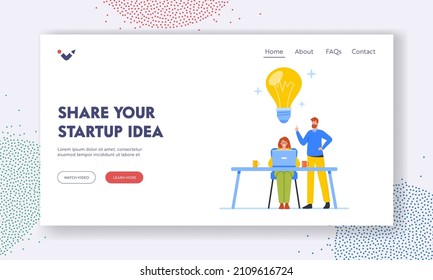 Startup, Creative Idea Landing Page Template. Business People Brainstorm, Searching Solution, Teamwork Cooperation. Colleagues Characters Thinking under Huge Light Bulb. Cartoon Vector Illustration