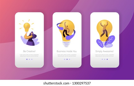 Startup Creative Idea Lightbulb Concept Mobile App Page Onboard Screen Set. People Work in Project Motivation Success. Brainstorm Innovation for Website or Web Page. Flat Cartoon Vector Illustration