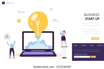 Startup Creative Idea Start Landing Page Template. Light Bulb Conceptual Icon. Happy Business Character Design Project Solution Concept for Website or Web Page. Flat Cartoon Vector Illustration