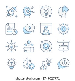 Startup and Creative ideas related blue line colored icons. Launch of the project icon set.