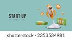 Startup, creative ideas. Space rocket launch, banknotes, coins. Opening profitable business. Investing in innovation. Horizontal poster with 3D illustration on green background. Place for text